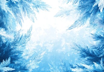 Delicate Frosted Leaves Framing a Dreamy Blue Background with Soft Light and Icy Texture for Nature Inspired Art and Design Projects