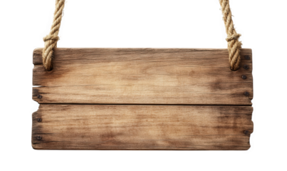 a rustic wooden sign with rope hanging on a transparent background the sign is weathered with a natural wood grain. making it perfect for adding a vintage or rustic feel to your project