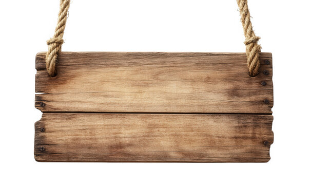 a rustic wooden sign with rope hanging on a transparent background the sign is weathered with a natural wood grain. making it perfect for adding a vintage or rustic feel to your project