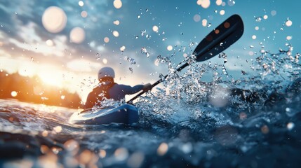 Naklejka premium A kayaker paddles through rapids, the water splashing up around them as they navigate the turbulent currents with skill and precision.