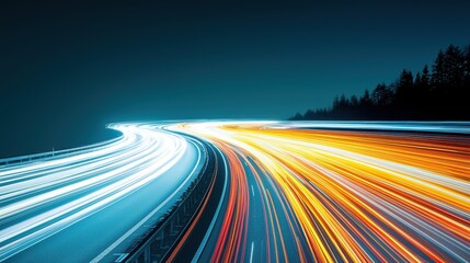 Long exposure photograph of car headlights and taillights streaking across a highway at night, creating a mesmerizing tapestry of light and motion.