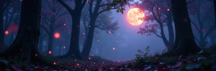 Naklejka premium Bokeh moonlit forest glows with an otherworldly light, forest landscape, mystical