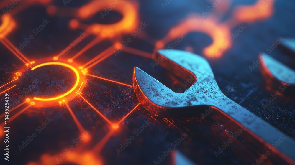 Poster metallic wrench over abstract digital network background