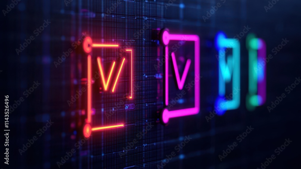 Poster neon glowing tech icons on digital background for innovation concepts