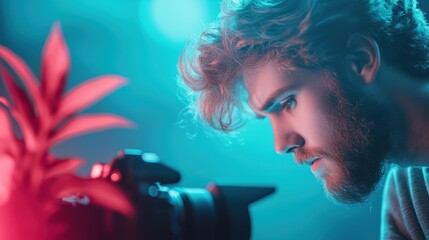 A content creator reviewing footage on a camera screen, surrounded by filming equipment and brainstorming ideas for their next video.
