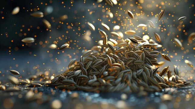 Close up of an assortment of aromatic spices herbs and seeds including cumin anise and fennel scattered on a textured earthy background  The fragrant