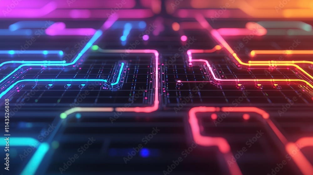 Poster colorful circuit board design with glowing neon lines and patterns