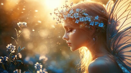 Ethereal female fairy in glowing golden light amidst flowers