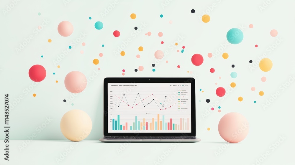 Poster a laptop screen displaying a marketing analytics dashboard with colorful charts and graphs, highligh