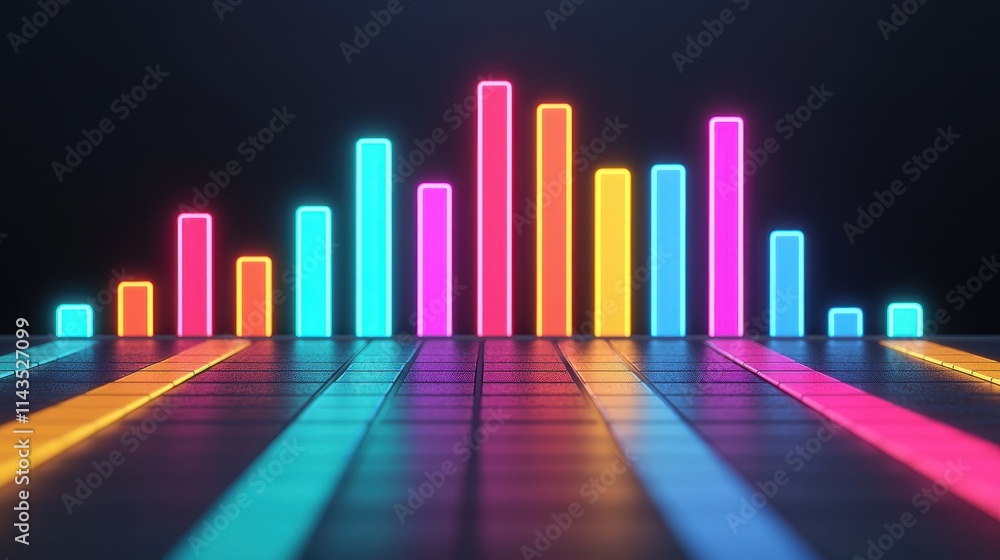 Poster colorful sound wave visualization with neon bars and grid background