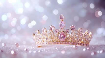 Gold tiara adorned with pink gemstones glitters against sparkling background