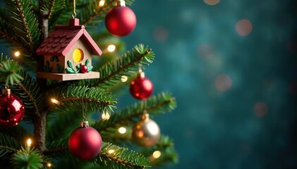 Christmas tree branches adorned with ornaments and birdhouse, Tree Branches, Decorative Lights