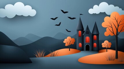 Haunted medieval castle silhouetted against a moody autumn landscape with a flock of bats orange trees and looming mountains in the background  Atmospheric and eerie gothic fantasy scene