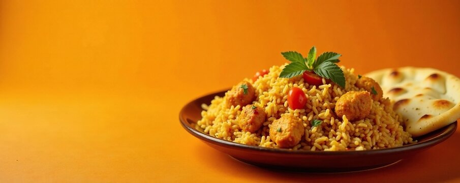 Chicken bryani fried rice served with a side of steamed basmati rice and naan bread , orange background, food presentation, plates
