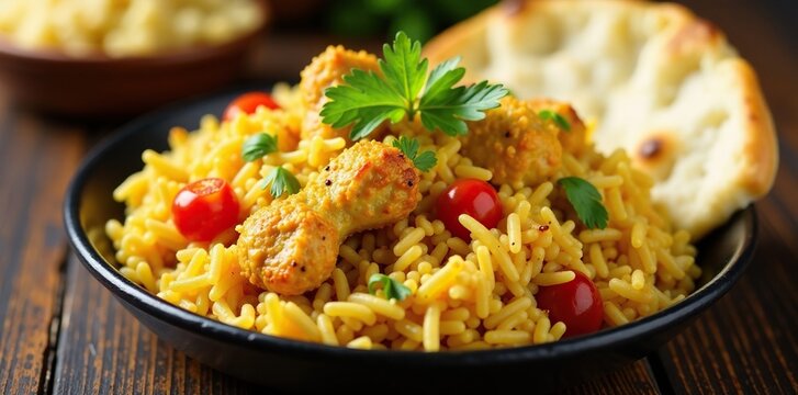 Chicken bryani fried rice served with a side of steamed basmati rice and naan bread , basmati rice, chicken fried rice