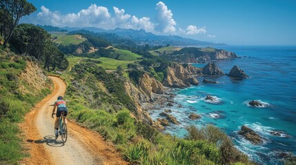 Fototapeta premium Coastal cyclist rides scenic, winding dirt road.
