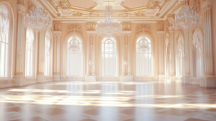 Elegant ballroom with ornate chandeliers in upscale building Sunlight filters through grand windows