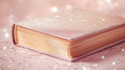 Sparkling, glitter-covered book on pink background