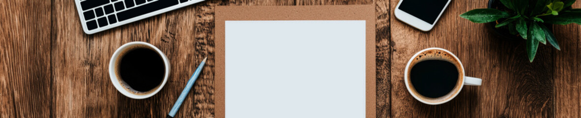 Obraz premium Creative workspace setup with coffee and supplies on wooden desk cozy home office environment