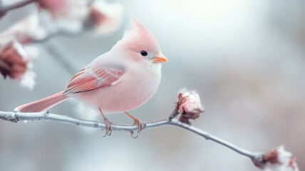 Fototapeta premium Delicate pink bird perched on frosty branch in serene winter setting