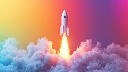 Fototapeta premium A vibrant rocket launches through colorful clouds, symbolizing exploration and innovation against a dynamic gradient background.