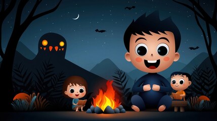 Fototapeta premium Charming depicting a group of young children gathered around a campfire in a moonlit forest surrounded by curious and friendly fantasy creatures The scene evokes a sense of adventure imagination
