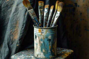 Paintbrushes in a paint splattered container