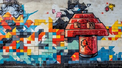 Naklejka premium Vibrantly Painted Wall With Red House Detail Photo Wide Shot. AI Generated