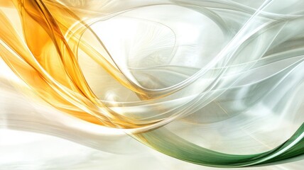 Abstract art with flowing orange, white, yellow, and green waves