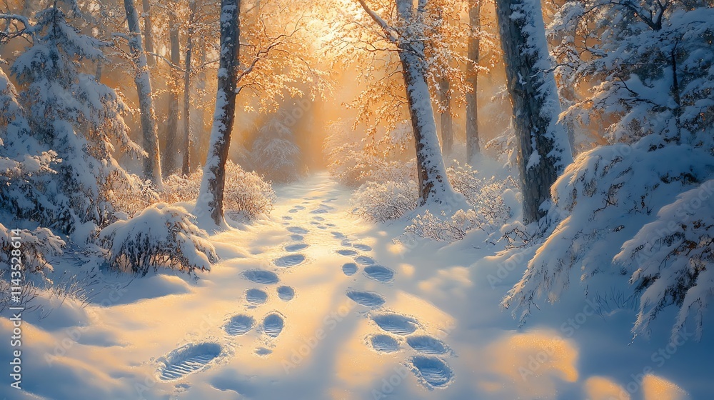 Poster a serene winter pathway through a snow-covered forest with footprints leading into the distance.