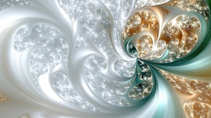Abstract design of intricate swirling patterns in white, gold, and teal tones