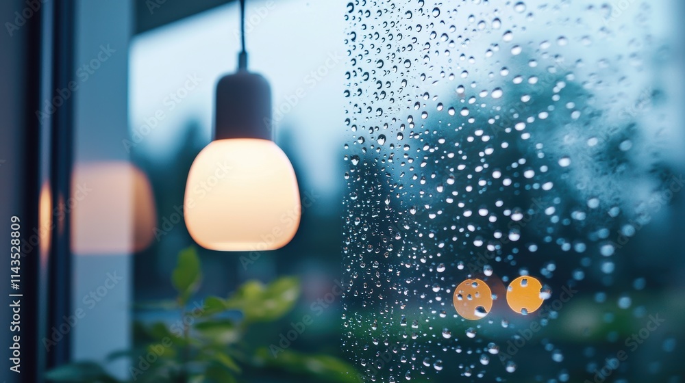 Poster water droplets clinging to a window pane, reflecting the warm glow of a lamp inside, creating a cozy