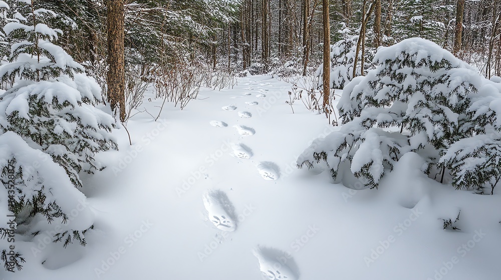 Poster a snowy forest path with footprints leading through the trees.