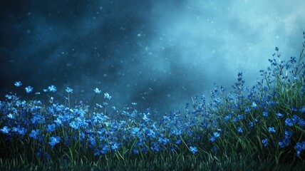 Beautiful field of blue flowers under serene night sky