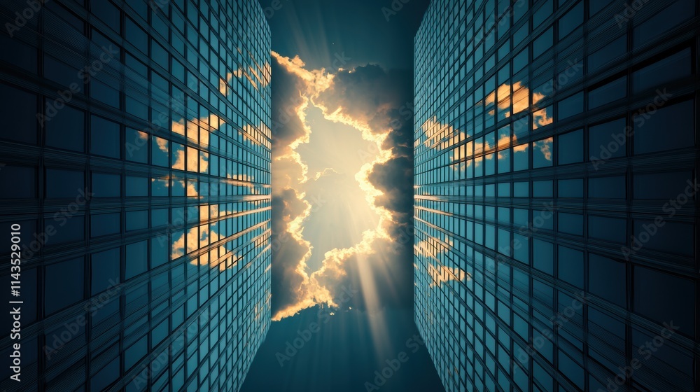 Poster sun rays bursting through a gap in the clouds, illuminating a single window in a skyscraper, creatin