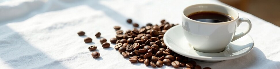 Fototapeta premium Coffee beans scattered on a white tablecloth with freshly brewed coffee, white, tablecloth
