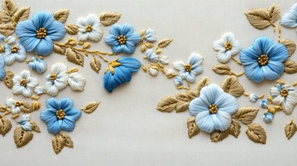 Intricate blue and white floral embroidery on beige fabric