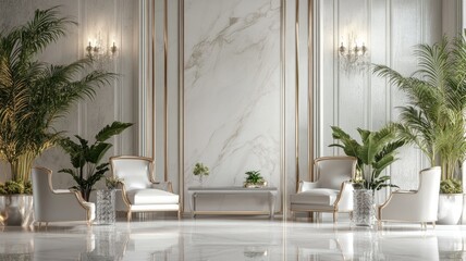 Luxurious white sitting area with elegant furniture, plants, and marble accents