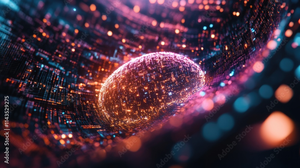 Poster cosmic spark: abstract digital art depicting a glowing orb nestled within a complex network of vibra
