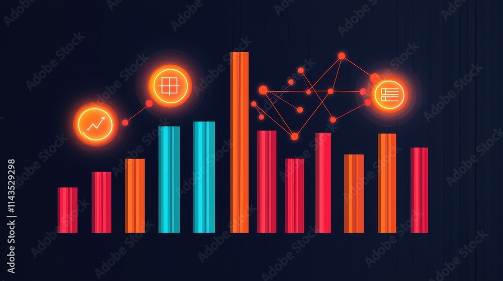 Poster vibrant data visualization with colorful bar graphs and icons