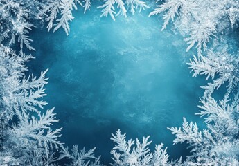 Frosted Ice Frame with Delicate Snowflake Patterns on a Blue Background Ideal for Winter Themes and Holiday Designs