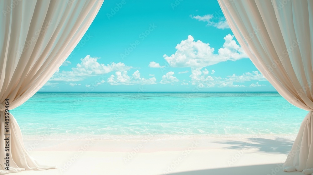 Poster billowing white curtains flowing in the gentle breeze, framing a view of a serene beach with turquoi