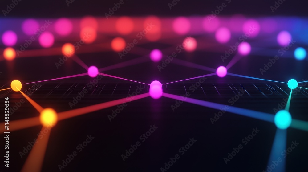 Poster colorful abstract network design with glowing nodes and connections