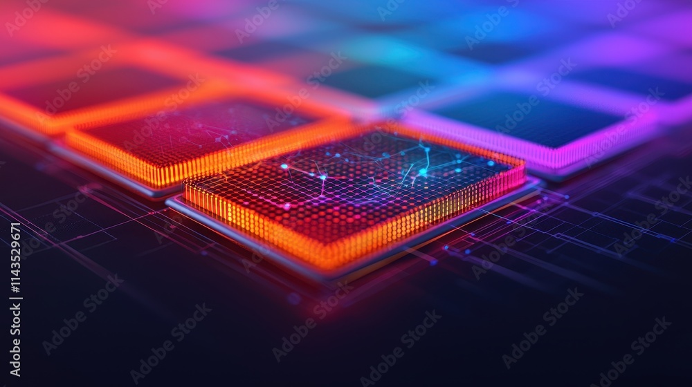 Poster colorful abstract digital circuit board with neon lights and patterns