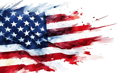 an abstract watercolor painting of the american flag the flag is painted in a dynamic style with splatters of red. white. and blue paint