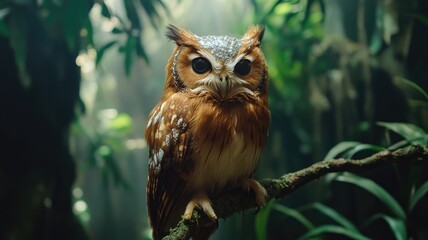 Brown owl with white spots sits on branch in dense, green forest