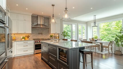 Modern kitchen island with granite countertop and dark cabinetry. Perfect for showcasing luxury home design and real estate listings.