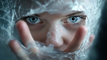 Captivating close up portrait of a mysterious frozen woman with piercing eyes and an enchanting almost otherworldly expression  The image evokes a sense of fantasy imagination and creativity