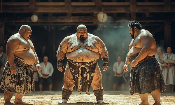 Three sumo wrestlers face off in a traditional arena setting.