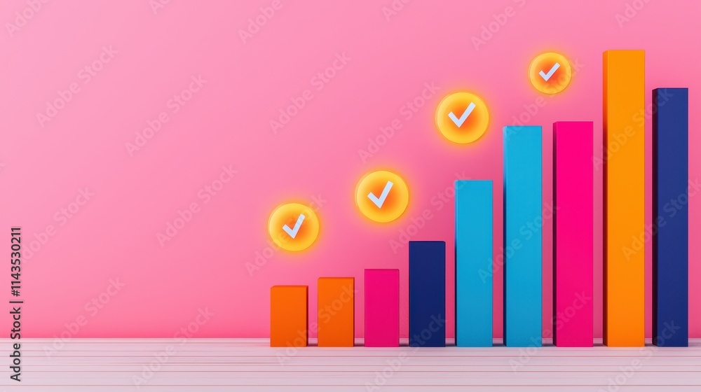 Poster colorful bar graphs with checkmarks on a pink background